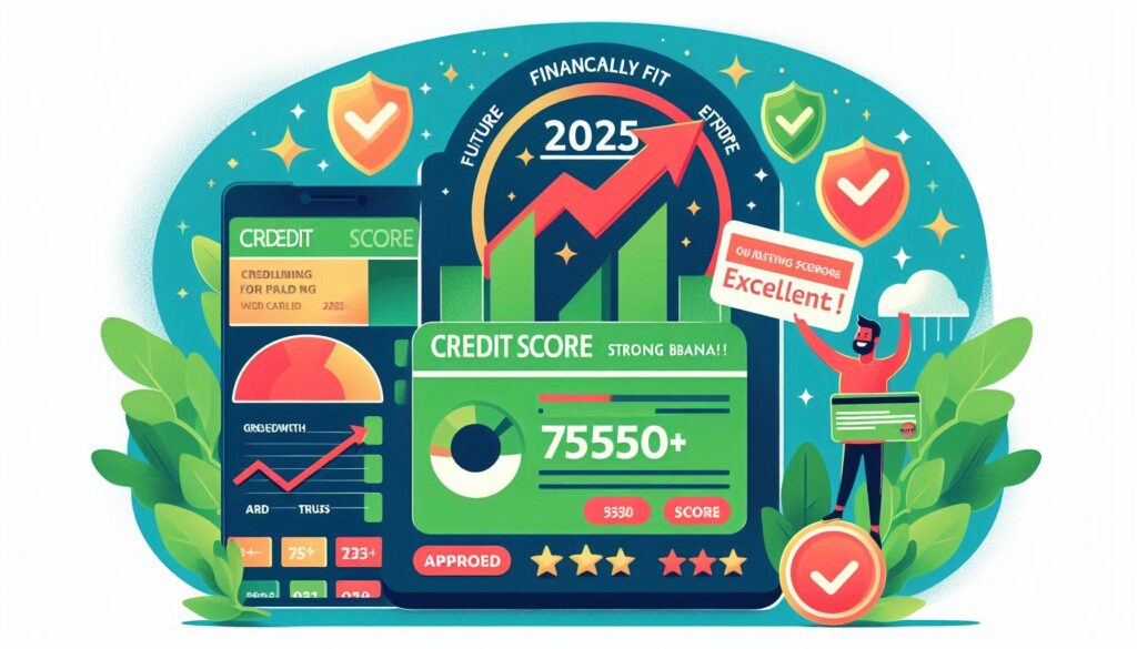 Main Text (Hinglish Style): 👉 “Credit Score Strong Banao 2025!” 👉 “Future Financially Fit 💪” (optional subtitle) Visual Elements: A credit score meter (red to green) pointing at “Excellent” A shield or tick icon beside a credit report A happy person holding a card labeled “Approved” with stars or glow Chart or graph rising with a “750+” score bubble “2025” in bold, modern font at the top or bottom corner Color Theme: Green (growth), blue (trust), and gold (stability) Gradient from red to green for credit meter Neon effects around “750+” and “Approved” areas Emojis (optional): 💳 ✅ 📈 🔒 💡